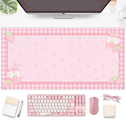 Dskgsjh Pink Plaid Strawberry Milk Desk Pad